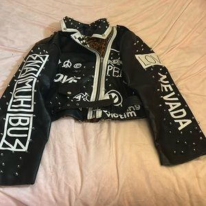 Rockstar Leopard Print Leather Jacket with Graffiti and Silver Cones with Belt